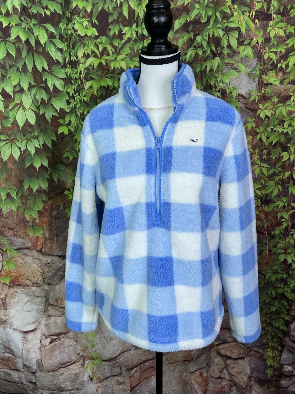 VINEYARD VINES Preppy Blue and White Plush Buffalo Check Quarterzip Pullover, S - Picture 2 of 13